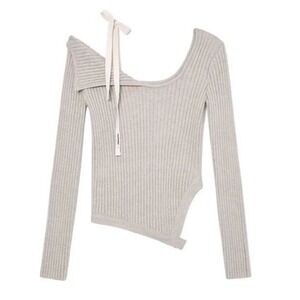 Glowny Isa Asymmetrical Sweater Shirt Rib Knit Logo Beige Sweet & Spicy